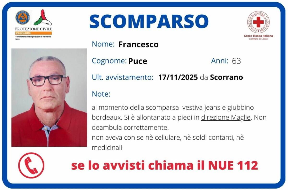 Salento, ore di apprensione per la scomparsa del 63enne Francesco Puce: ricerche tra Scorrano e Maglie Salento, ore di apprensione per la scomparsa del 63enne Francesco Puce: ricerche tra Scorrano e Maglie