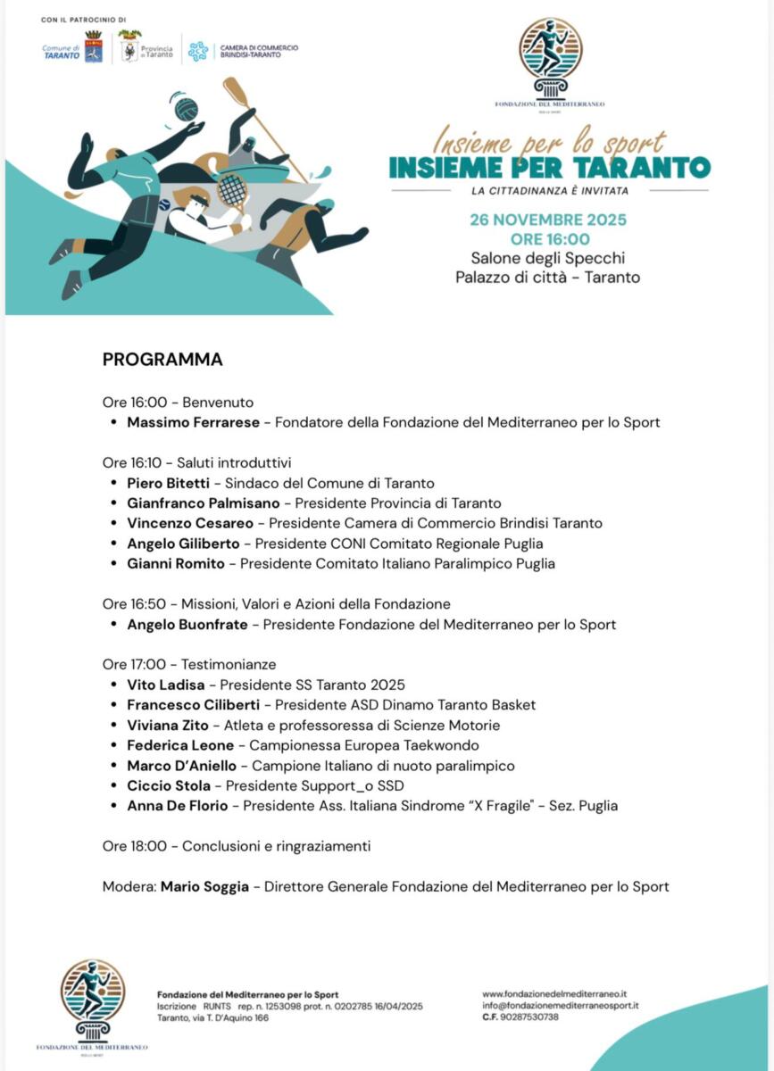 “Insieme per lo sport, insieme per Taranto”: nel capoluogo ionico già si lavora al dopo-Giochi del 2026