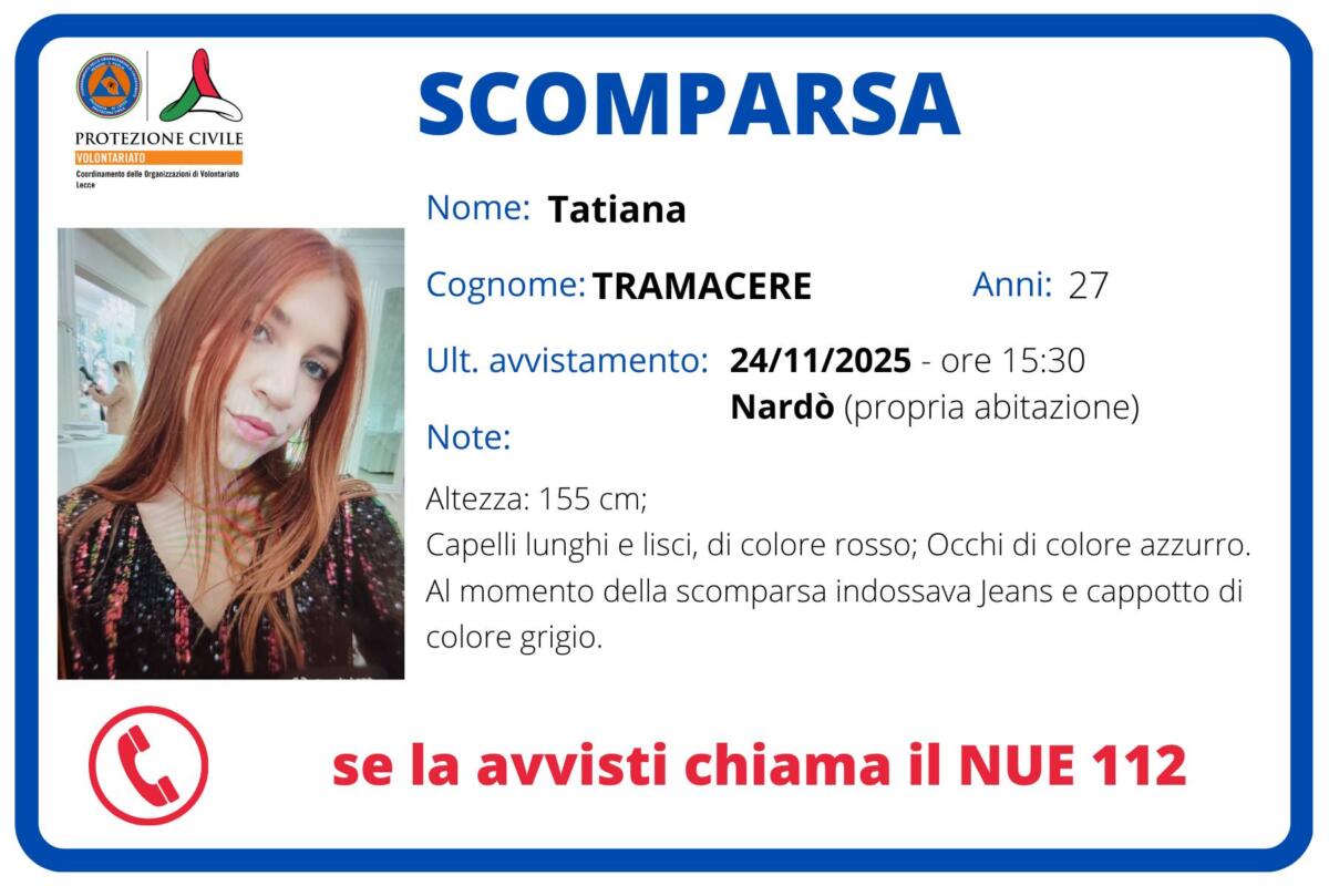 Galleria foto 'Salento, Tatiana Tramacere non fa ritorno a casa: ricerche a Nardò per la 27enne scomparsa da 5 giorni' - foto 1