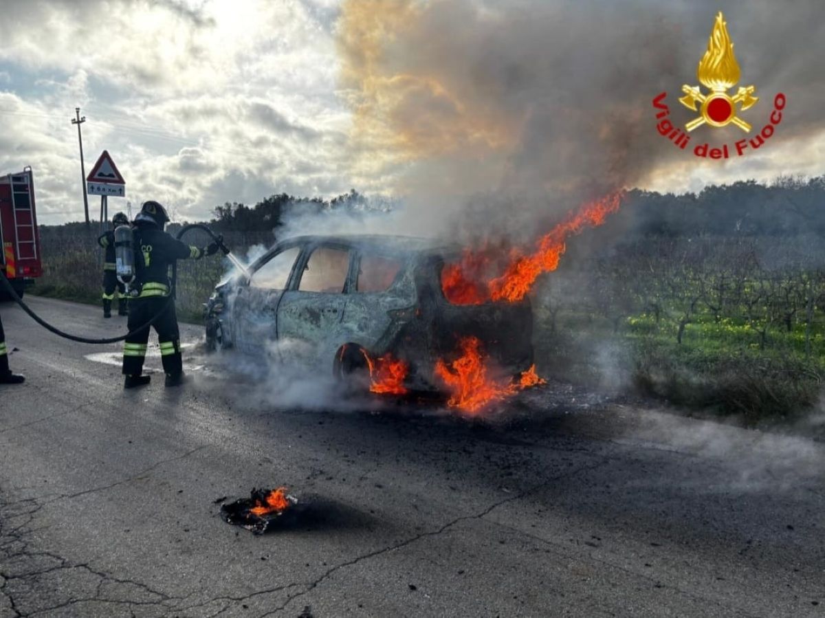 Galleria foto 'Paura sulla Mesagne-Tuturano, auto in marcia avvolta dalle fiamme: intervengono i vigili del fuoco' - foto 1