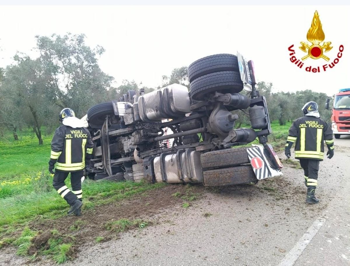 Galleria foto 'Oria, paura lungo la provinciale 51: autocisterna carica di vino finisce fuori strada e si ribalta. Illeso il conducente' - foto 1
