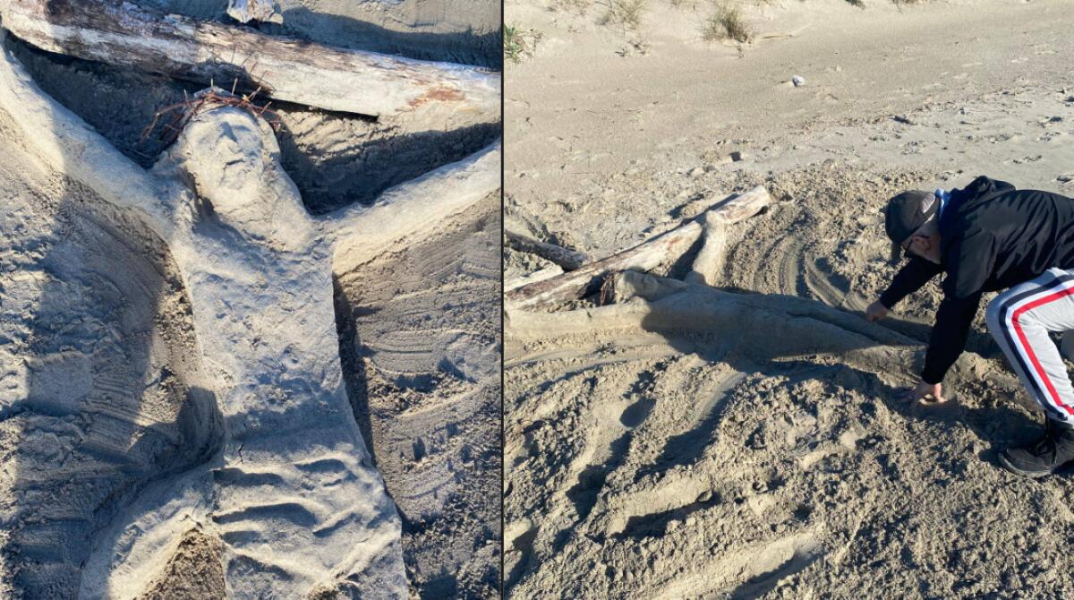 Galleria foto 'Gallipoli, il “miracolo” dopo la tempesta: dai tronchi spiaggiati nasce un Cristo in croce. L’opera incanta il web' - foto 1