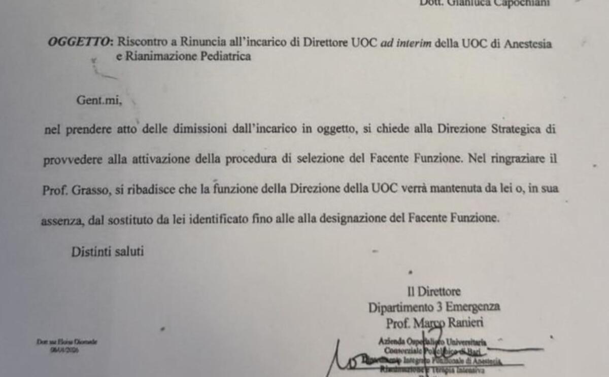 Galleria foto 'Pediatrico di Bari, accettate le dimissioni di Grasso: resta fino alla nomina del sostituto' - foto 2
