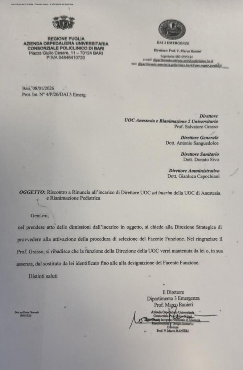 Galleria foto 'Pediatrico di Bari, accettate le dimissioni di Grasso: resta fino alla nomina del sostituto' - foto 1