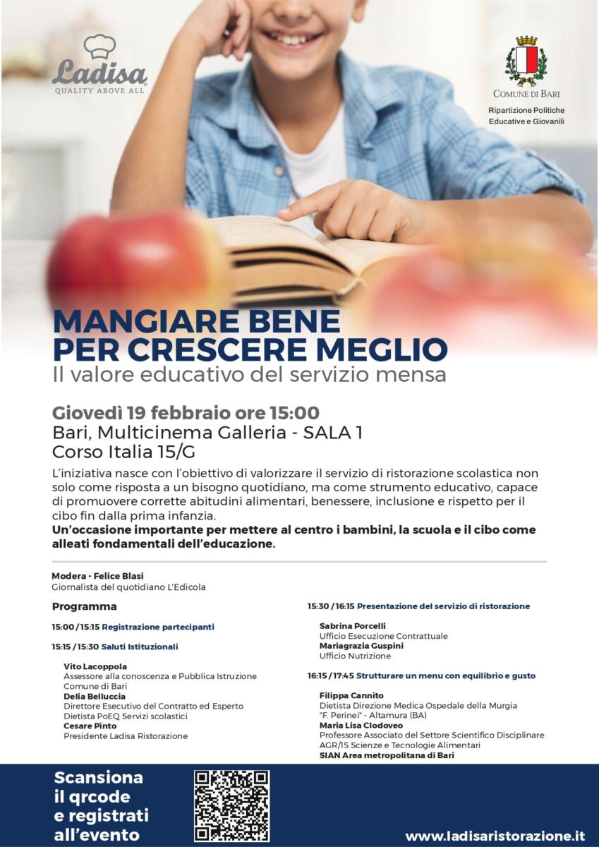 Bari, mangiare bene per crescere meglio: il valore educativo del servizio mensa. Al Multicinema Galleria Bari, mangiare bene per crescere meglio: il valore educativo del servizio mensa. Al Multicinema Galleria