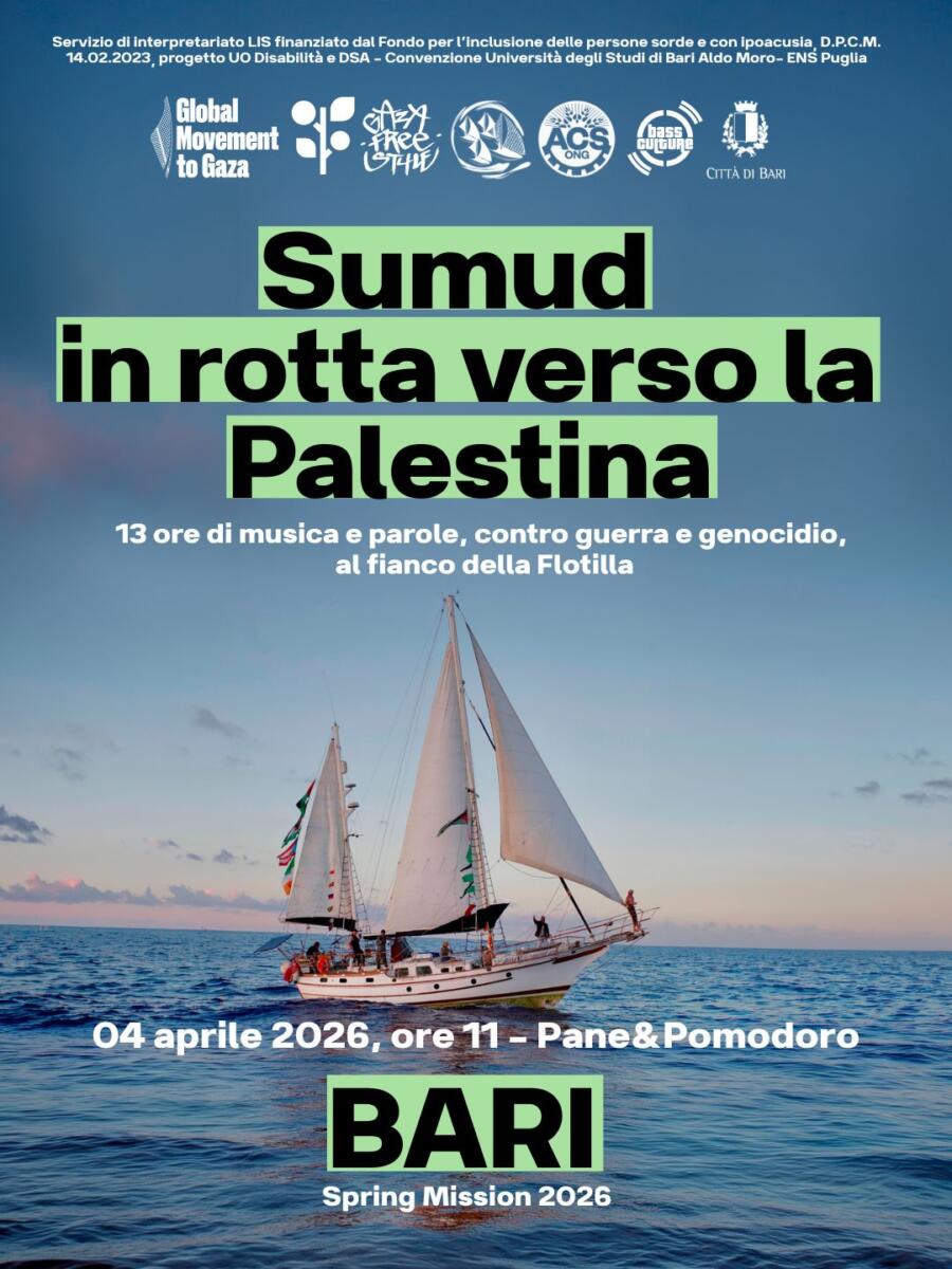 “Sumud”, in rotta verso Gaza: a Bari 13 ore di musica e parole a sostegno della Flotilla umanitaria