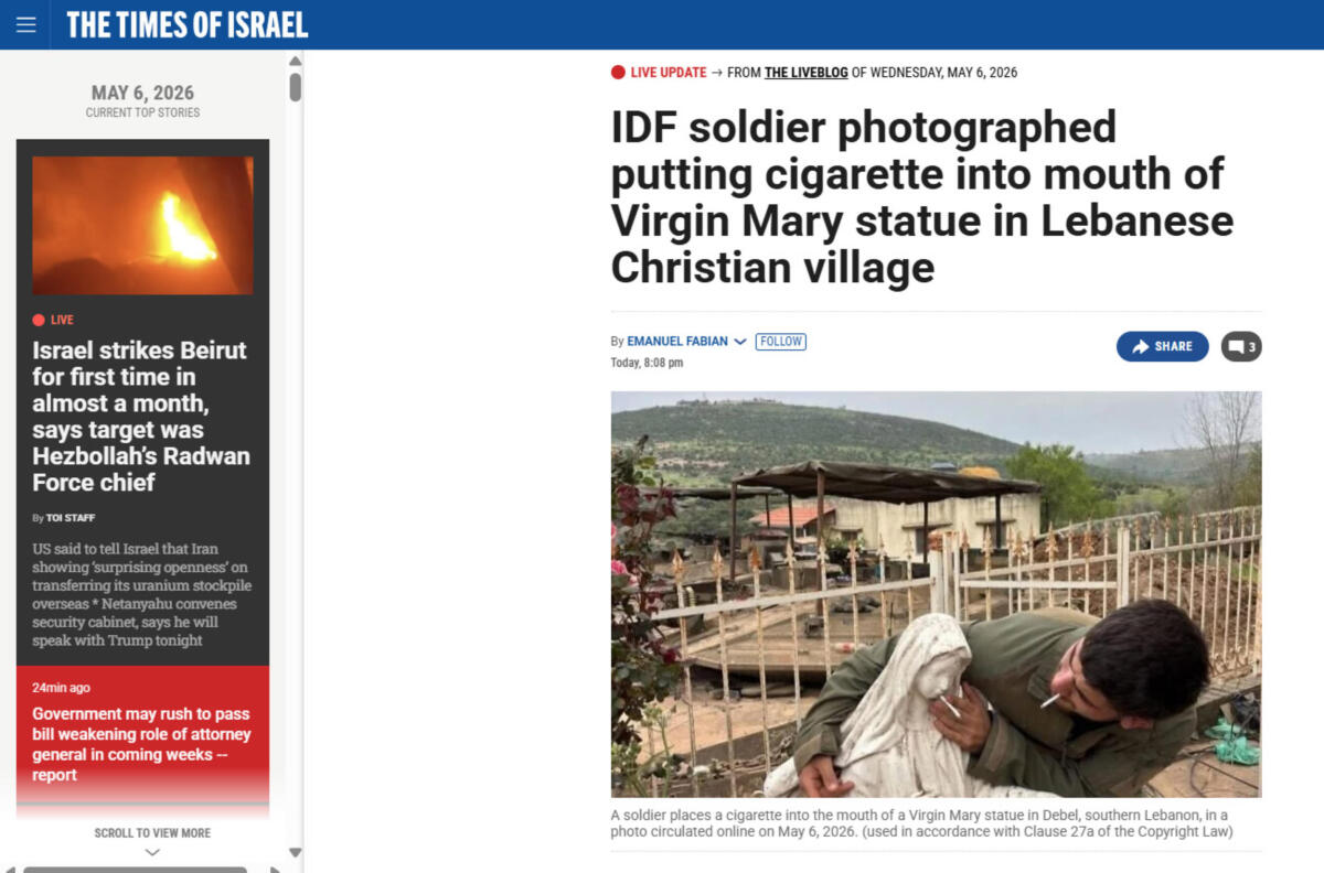 Galleria foto 'Infila una sigaretta in bocca a una statua della Madonna in Libano: bufera su un militare Idf' - foto 1