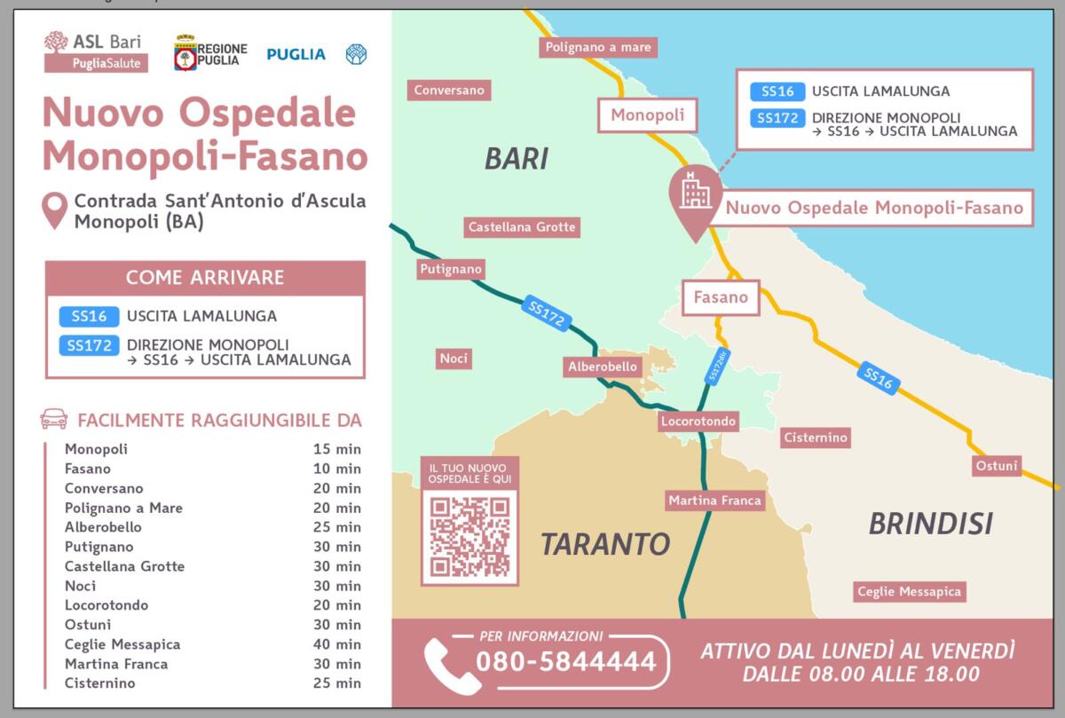 Nuovo Ospedale Monopoli-Fasano, pronta l’apertura: da lunedì il trasferimento di 120 pazienti
