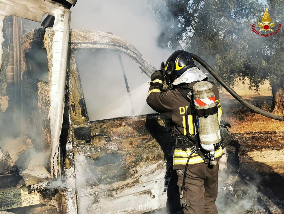 Paura sulla provinciale nel Barese, a fuoco un furgone: danneggiati alcuni ulivi – FOTO