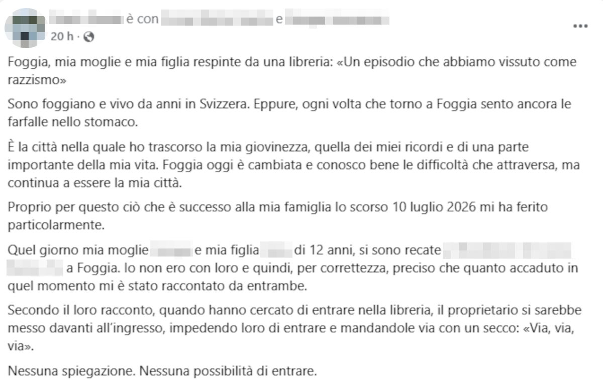 Foggia, una donna e sua figlia allontanate da una libreria: «Perché avevano la pelle scura» Foggia, una donna e sua figlia allontanate da una libreria: «Perché avevano la pelle scura»