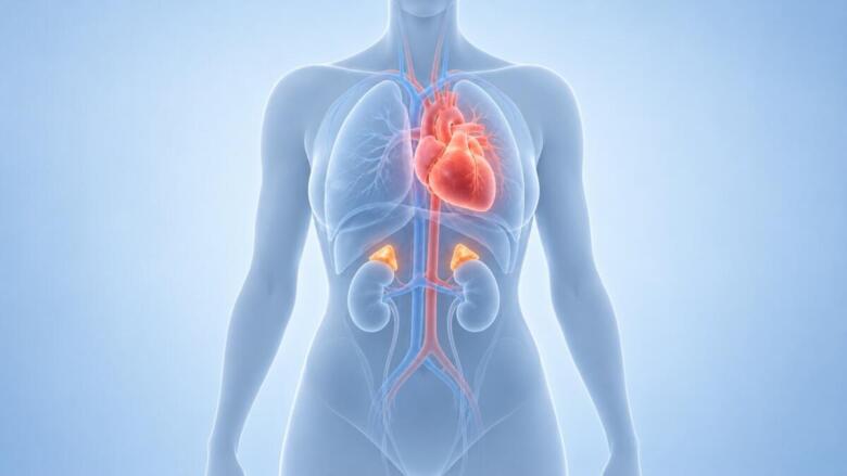 Rappresentazione illustrativa del cuore e delle ghiandole surrenali, realizzata con intelligenza artificiale a fini divulgativi