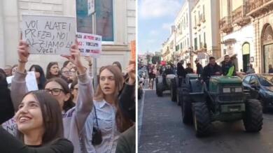 Caro vita, agricoltori e autotrasportatori in piazza a Bitonto: gli studenti si uniscono alla protesta – FOTO e VIDEO